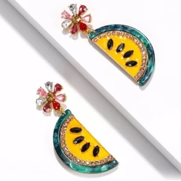 NWT Red Watermelon Crystal Drop Earrings / Yellow - Picture 1 of 4
